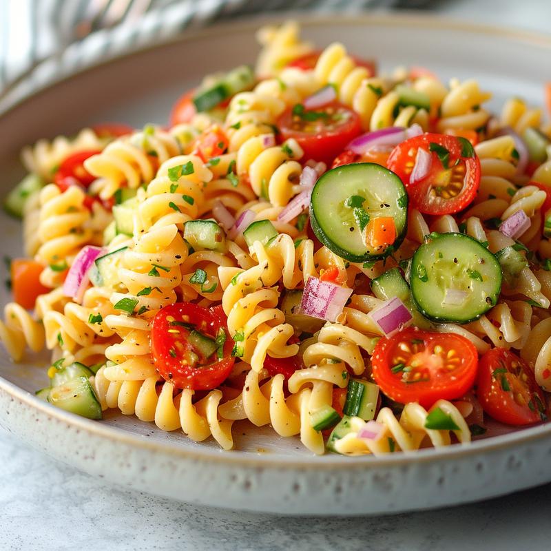 Close-up of Italian pasta salad with rotini, tomatoes, cucumber, pepper, and dressing on a light gray plate.