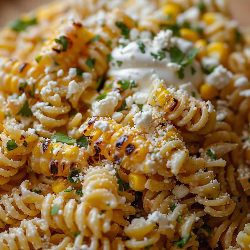 Close-up of Mexican street corn pasta salad on wood.