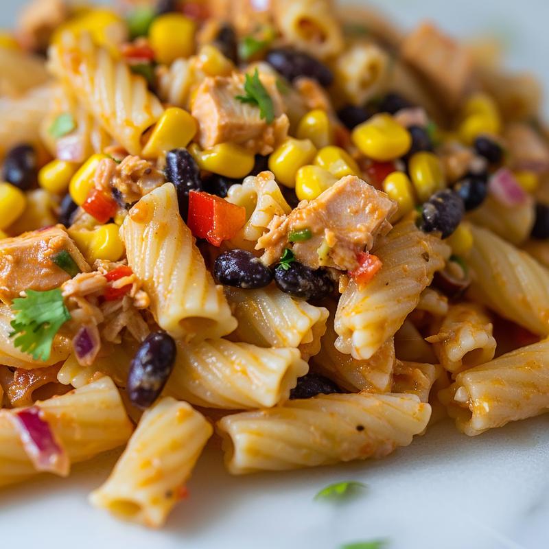 Close-up of vibrant Mexican tuna pasta salad with visible pasta, tuna, corn, beans, and peppers.