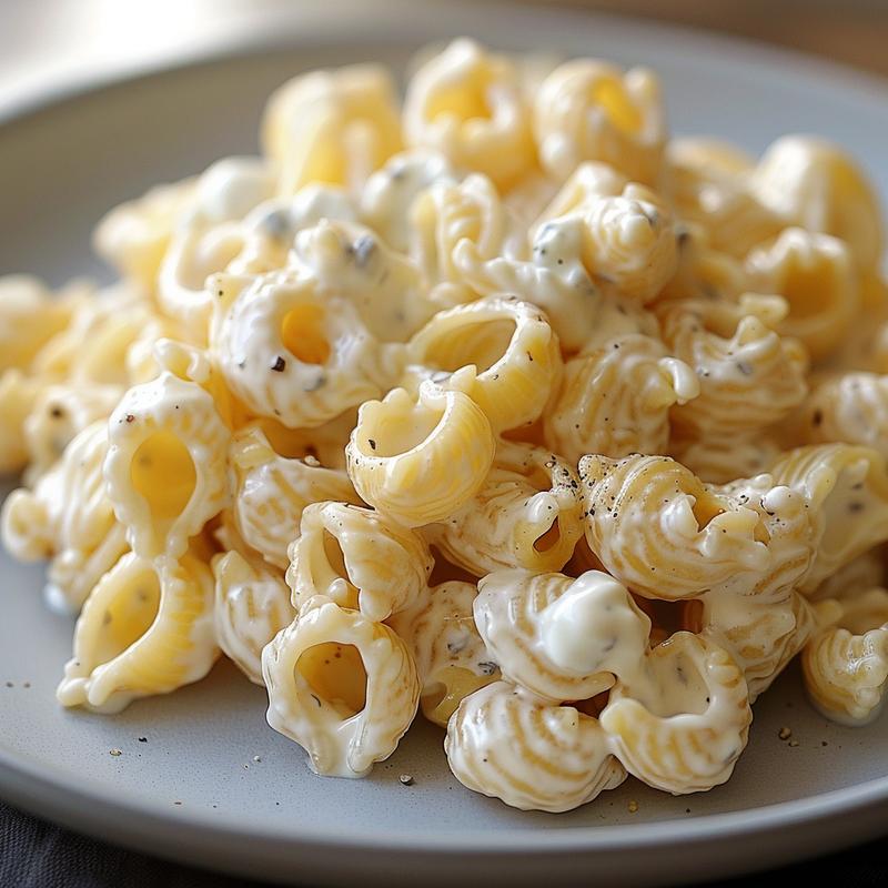 Close-up of creamy pasta salad on a light grey plate.
