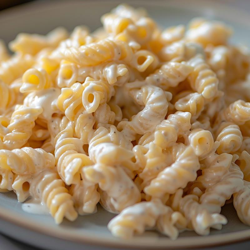 Close-up of creamy ranch pasta salad on a light grey plate.