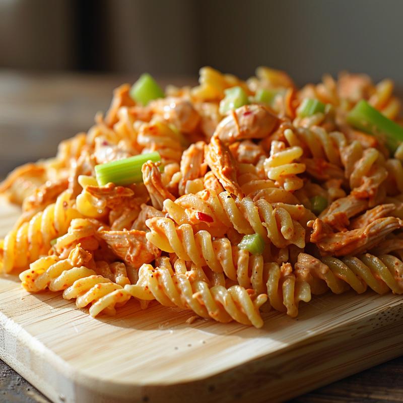 Close-up of buffalo chicken pasta salad with visible chicken, pasta, and sauce.