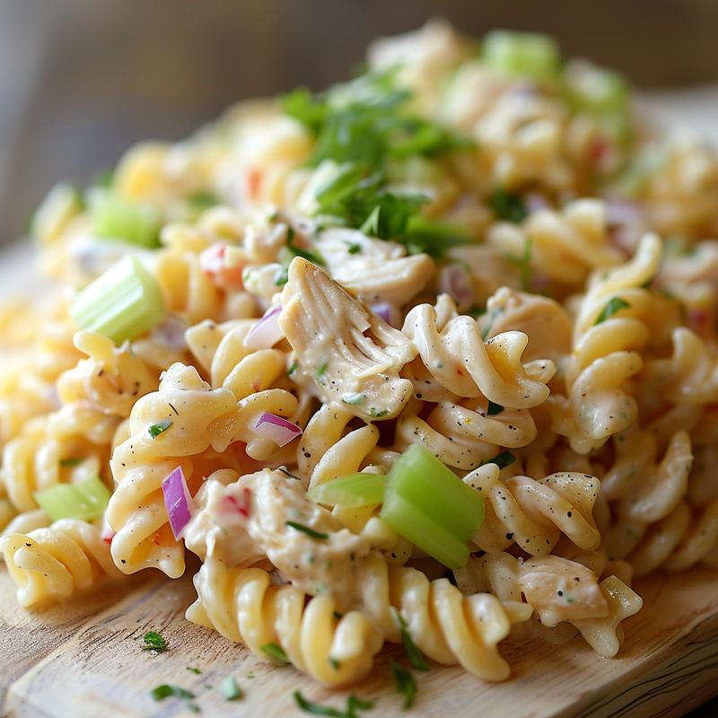 Extreme close-up of creamy chicken pasta salad featuring chicken, pasta, celery, and red onion on light wood.