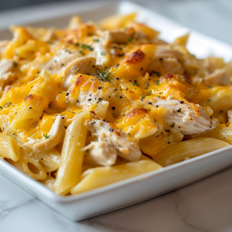 Close-up of a cheesy chicken pasta bake.