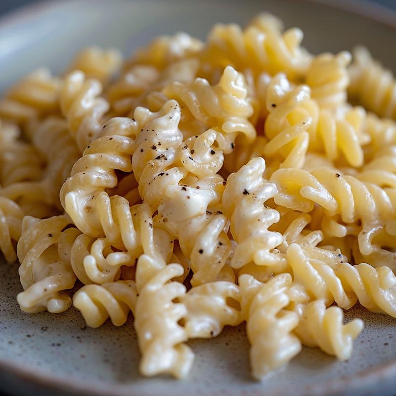 Close-up of creamy pasta salad on a light grey plate.