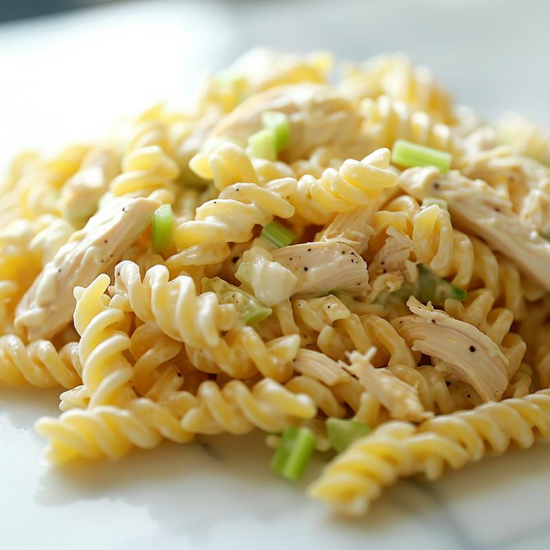 Close-up of rotisserie chicken pasta salad with visible ingredients.