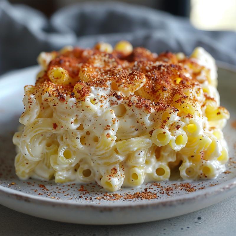 Close-up of Guy Fieri's mac salad on a grey plate.