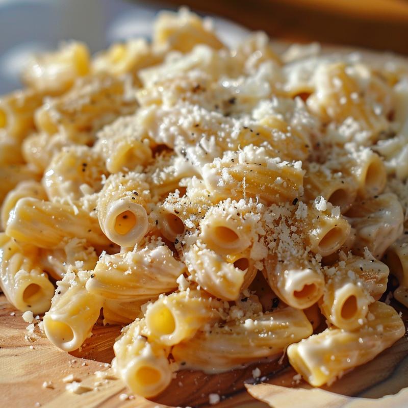 Close-up of creamy Italian pasta salad on wood.