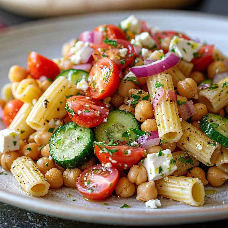 Close-up of Mediterranean chickpea pasta salad on a light grey plate.