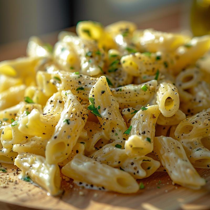 Close-up of vegan pasta salad with rotini, vegan mayo, and colorful vegetables on a light wood board.