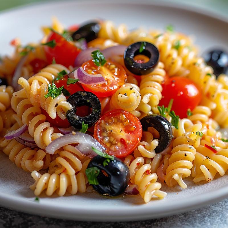 Close-up of Italian pasta salad with rotini, tomatoes, olives, and red onion on a grey plate.