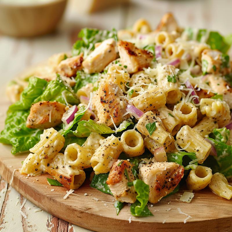 Close-up of chicken Caesar pasta salad with visible ingredients.