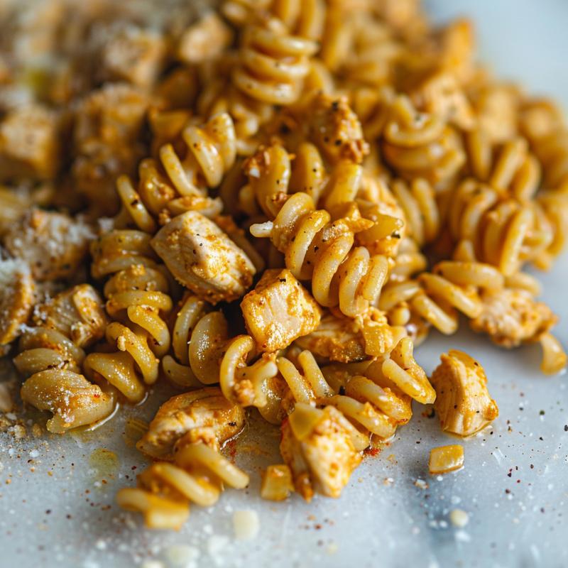 Close-up of creamy chicken pasta on white marble.