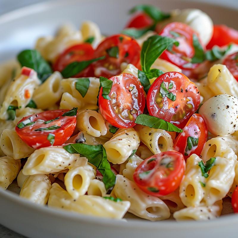 Creamy pasta salad with tomatoes, mozzarella, and basil.