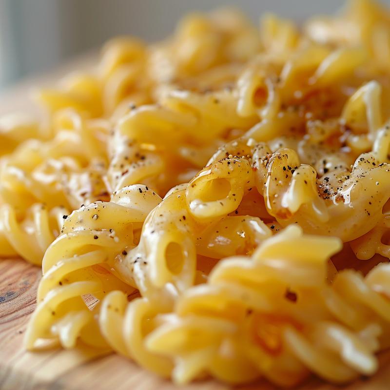 Close-up of vegan pasta salad with visible rotini, creamy dressing, on wood.