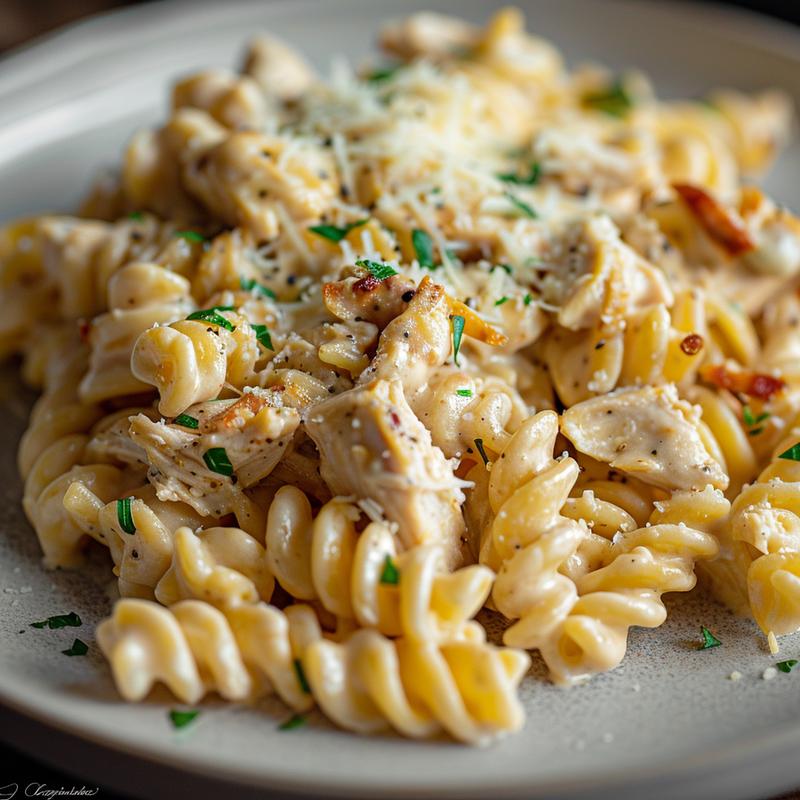 Creamy Italian chicken pasta on a light grey plate, close-up view.