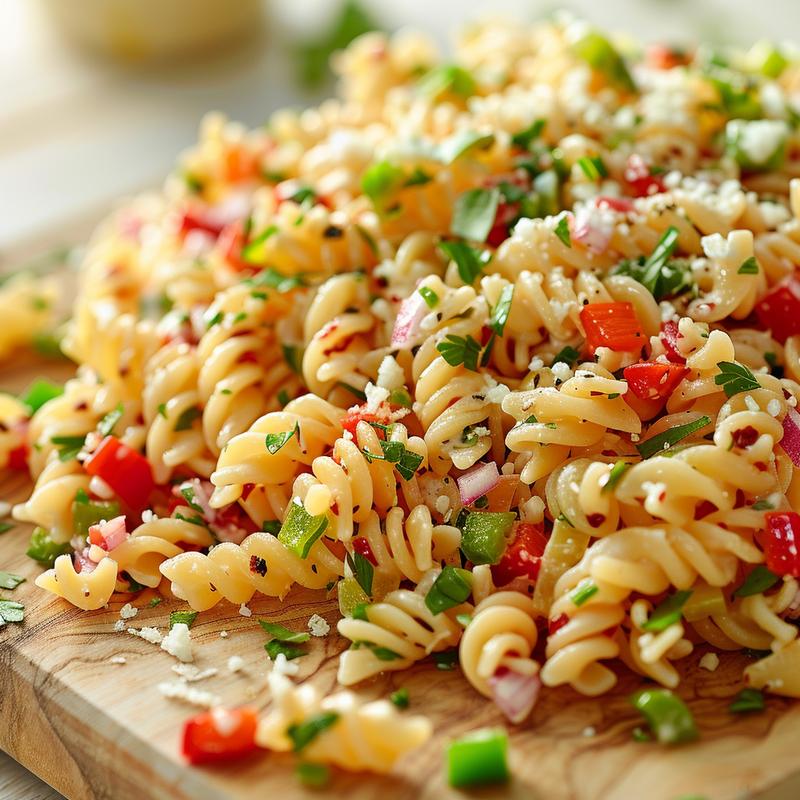 Close-up of pasta salad with visible pasta, dressing, peppers, and cheese.