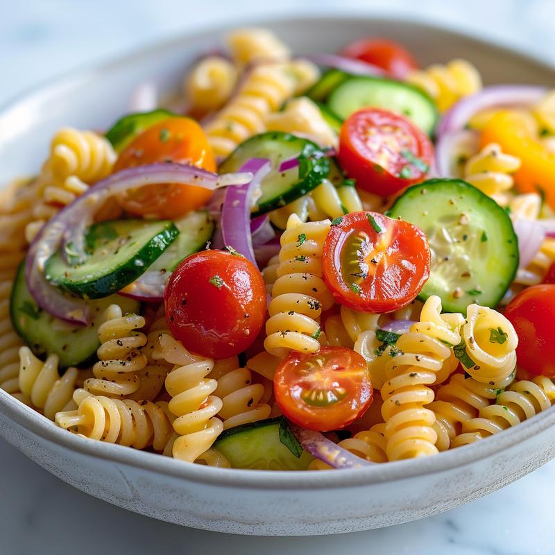 Close-up of colorful vegetarian pasta salad with visible vegetables.