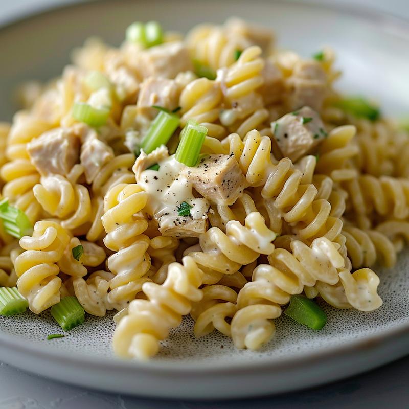 Close-up of creamy tuna pasta salad on a light grey plate.