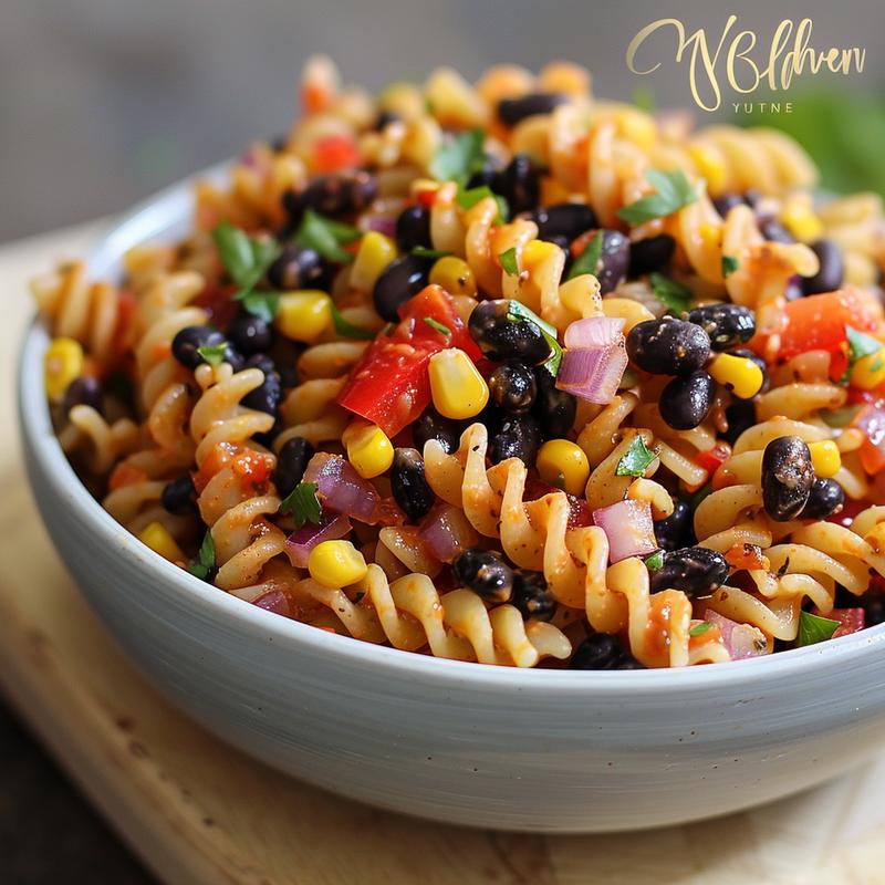 Close-up of southwest black-bean pasta salad with rotini, corn, bell pepper, and red onion on wood.