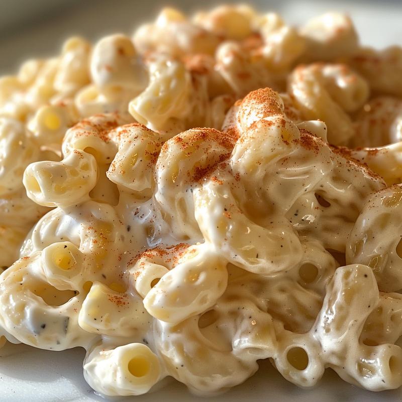 Close-up of creamy macaroni salad with visible ingredients on white marble.
