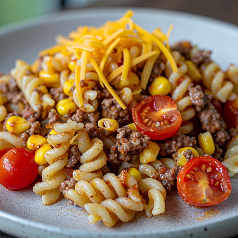 Close-up of taco pasta salad with beef, pasta, cheese, tomatoes, and corn.