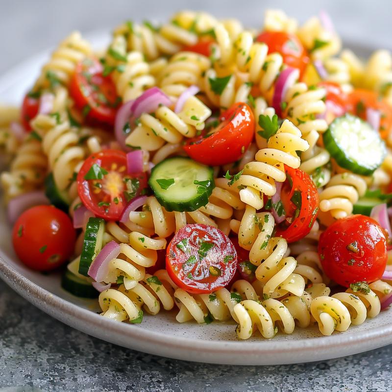 Close-up of Italian pasta salad with rotini, tomatoes, cucumber, pepper, and dressing on a light gray plate.