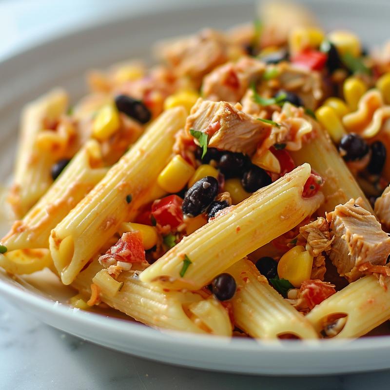 Close-up of vibrant Mexican tuna pasta salad with visible pasta, tuna, corn, beans, and peppers.