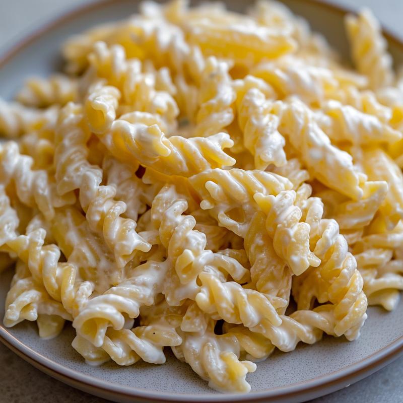 Close-up of creamy pasta salad on a light grey plate.