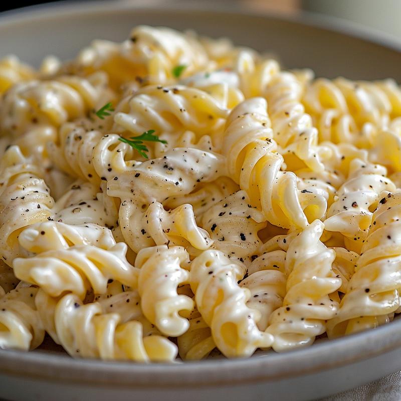 Close-up of creamy ranch pasta salad on a light grey plate.