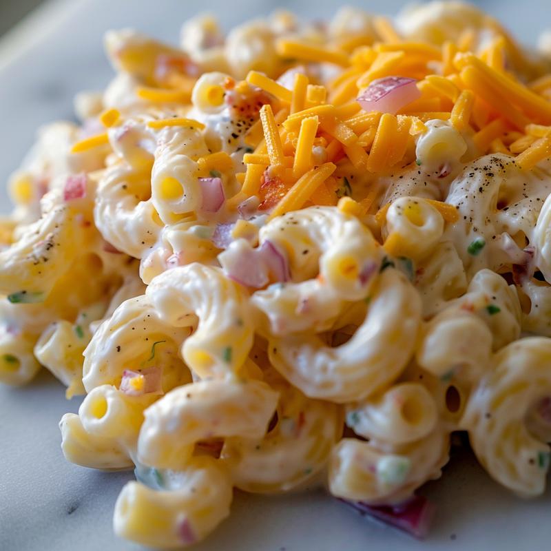 Close-up of macaroni salad with visible macaroni, cheddar, and red onion.