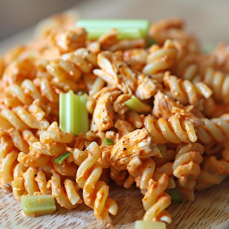 Close-up of buffalo chicken pasta salad with visible chicken, pasta, and sauce.