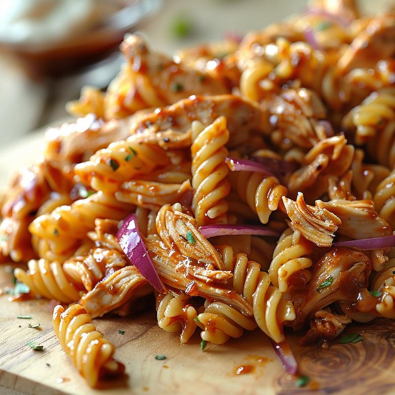 Close-up of BBQ chicken pasta salad with visible ingredients on a wood board.