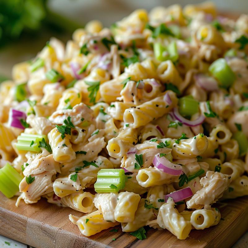 Extreme close-up of creamy chicken pasta salad featuring chicken, pasta, celery, and red onion on light wood.