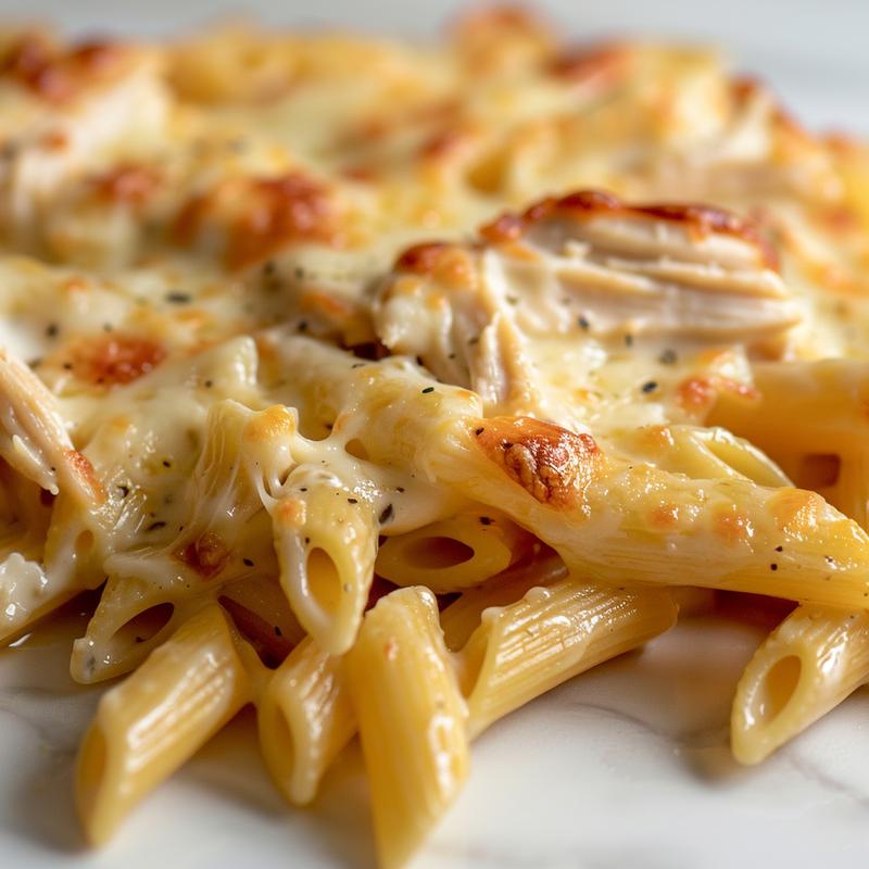 Close-up of a cheesy chicken pasta bake.