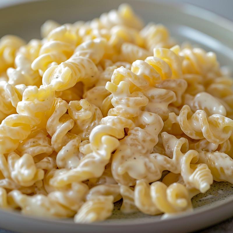 Close-up of creamy pasta salad on a light grey plate.