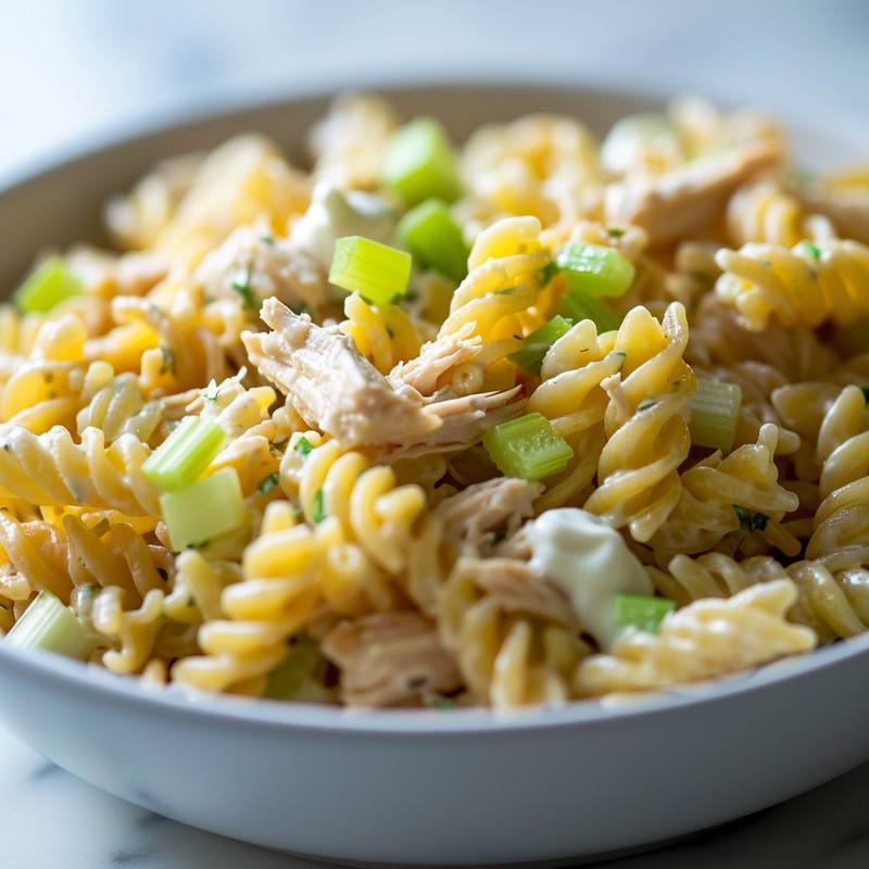 Close-up of rotisserie chicken pasta salad with visible ingredients.