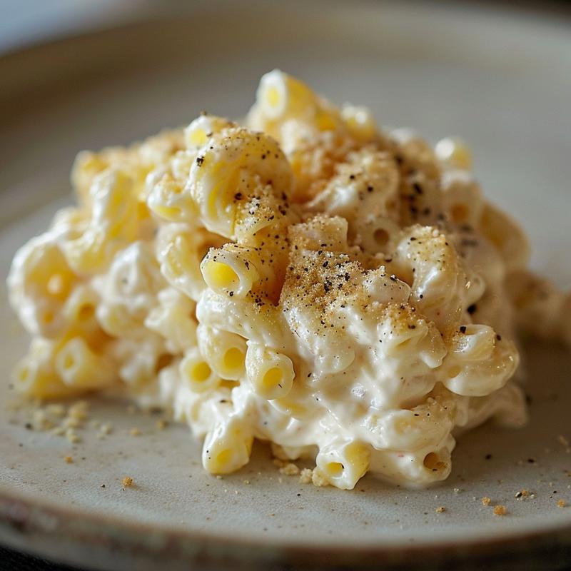 Close-up of Guy Fieri's mac salad on a grey plate.