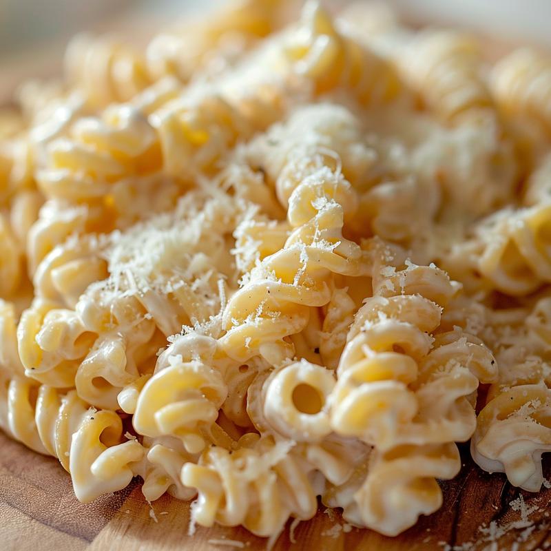 Close-up of creamy Italian pasta salad on wood.