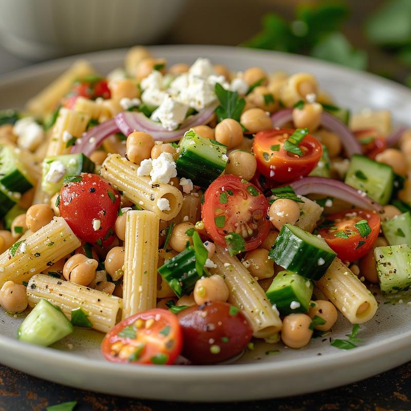 Close-up of Mediterranean chickpea pasta salad on a light grey plate.