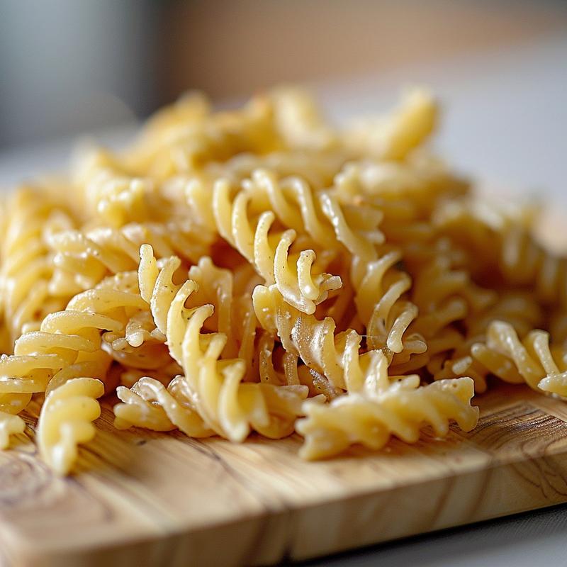 Close-up of vegan pasta salad with rotini, vegan mayo, and colorful vegetables on a light wood board.