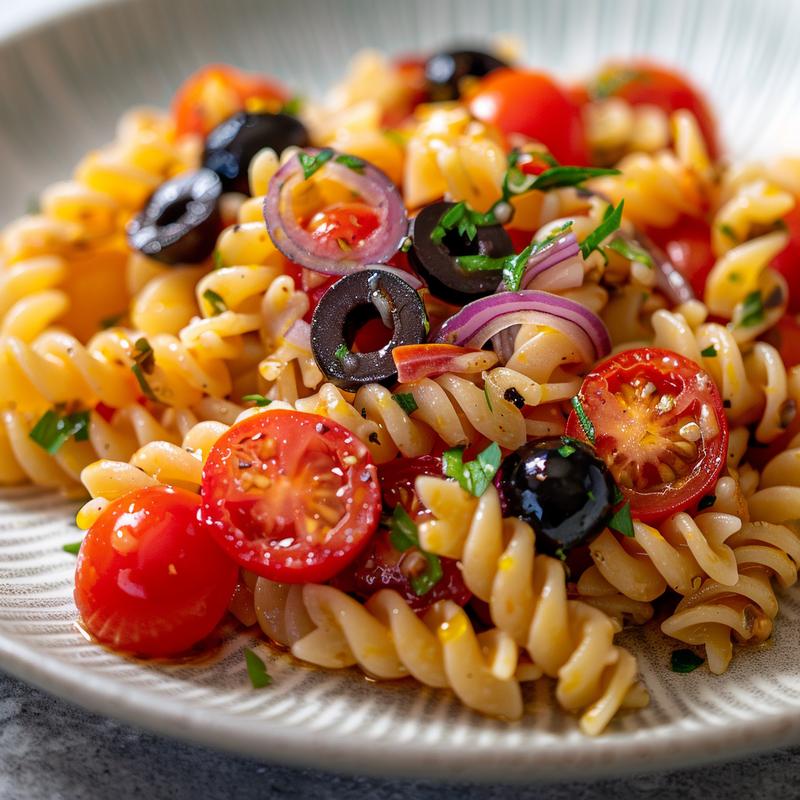 Close-up of Italian pasta salad with rotini, tomatoes, olives, and red onion on a grey plate.